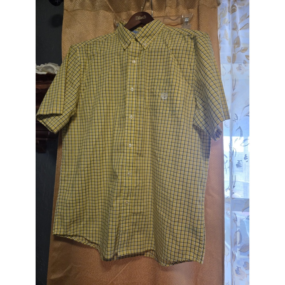 Chaps Yellow and Navy Blue Plaid Short Sleev Button-down Shirt Men's Preppy